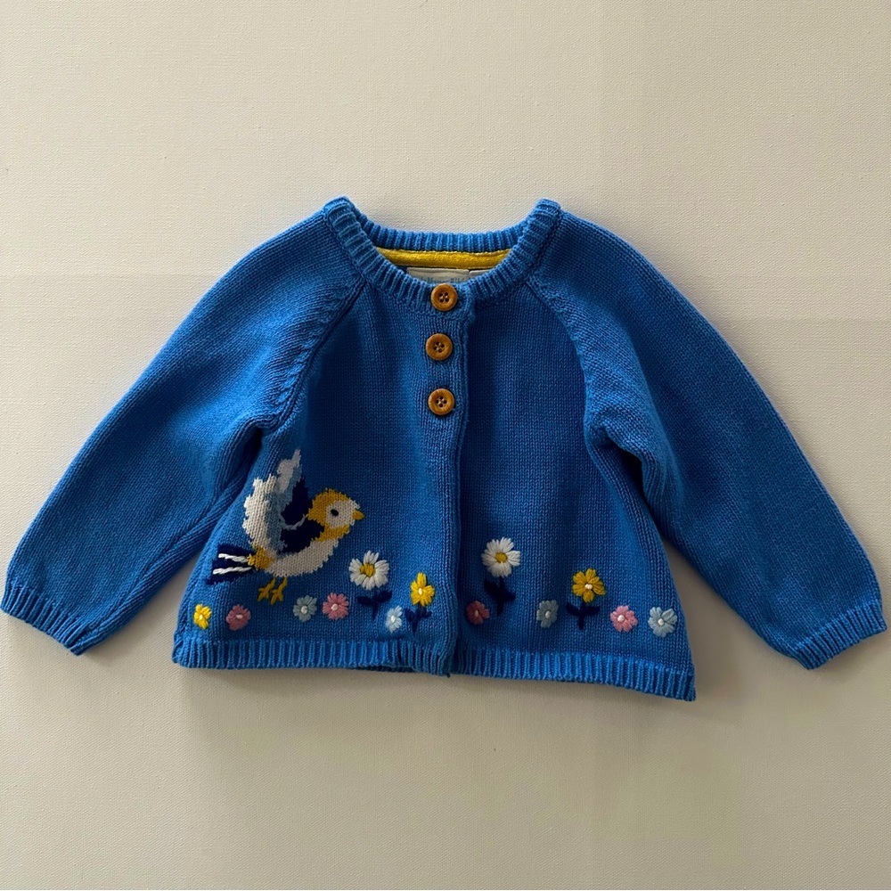 JoJo Maman Bebe 6-12 Months Baby Girl Blue Cardigan Sweater Bird Flower Spring
